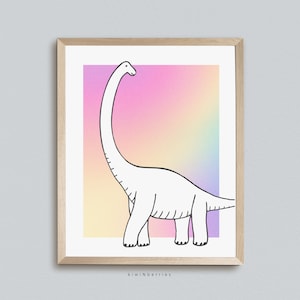 Brachiosaurus Print, Rainbow Wall Art, Digital Art for Girls, Dinosaur Poster, Dino Pastel Colorful, Herbivore Poster