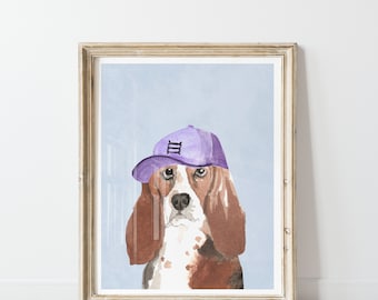 Basset hound Print Digital, Printable Girls room, Fun Colorful Art, Dog with a hat, Brown blue purple, Playroom Decorations