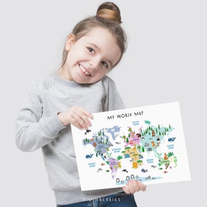 World map print for kids, Animal World map print, Nursery kids decor, Children art print, Playroom art, World map illustration, Educational image 5
