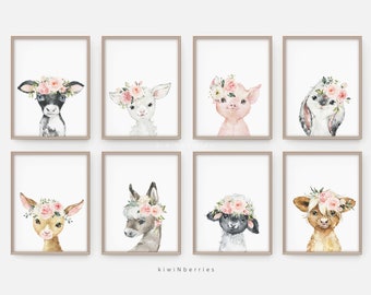 Girl nursery decor, Farm animals print, Cute sweet art prints, Printable Animals, Nursery wall art, Flower crown, Pink dusty rose prints