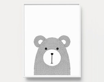 Bear print - Monochrome nursery decor - Black and white nursery prints - Nursery printable art - Nursery Animal prints