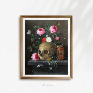 May include: A still life painting of a human skull with a gold crown, surrounded by pink and white roses, a glass bottle, and a small hourglass. The skull is resting on a dark ledge with a few blue flowers and a moth.