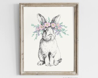 Impression florale de lapin : Illustration vintage de lapin, décoration de chambre d'enfant (téléchargement numérique)