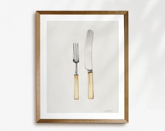 Vintage Knife and Fork Painting, Restaurant Decor, Vintage Art Prints, Utensils Posters, Cutlery Print, Printable kitchen art,Kitchen Rustic