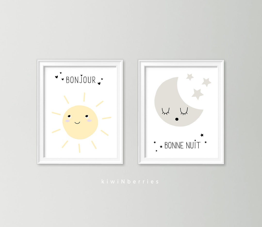Bonjour and Bonne Nuit Print Set Nursery Prints Babys Room Decor Sun ...