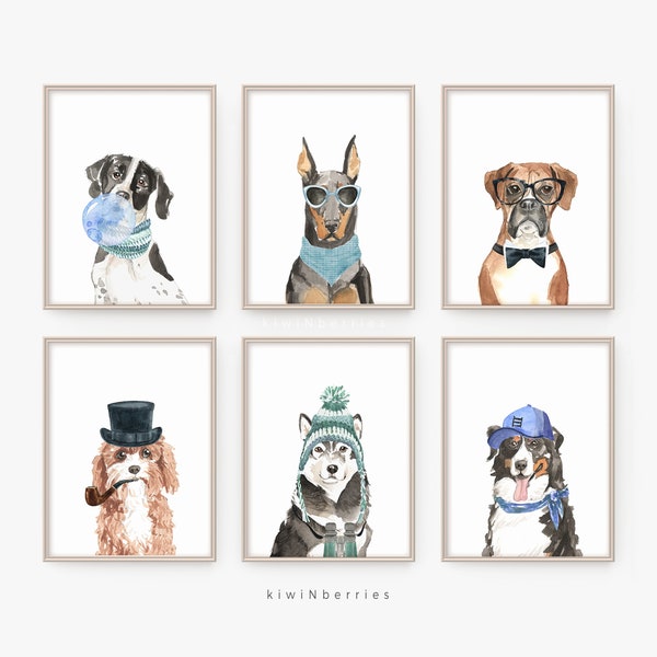 Cool Dog Watercolor Prints, Hipster Puppy Art, Set of 6 (Digital Download)