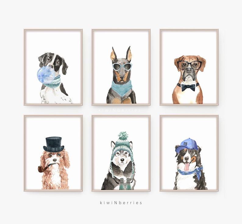 May include: Six watercolour illustrations of dogs wearing different accessories. The dogs are a pointer, a Doberman Pinscher, a Boxer, a Cockapoo, a Husky, and a Bernese Mountain Dog. The accessories include a blue bubble, sunglasses, a bow tie, a top hat, a beanie, and a baseball cap.