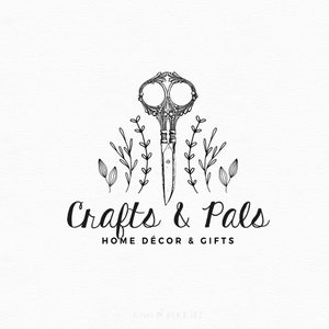 Craft Logo Design, Scissors Logo, Premade Logo, Small business Branding, Crafty Botanical Logo,