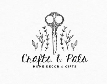 Craft Logo Design, Scissors Logo, Premade Logo, Small business Branding, Crafty Botanical Logo,