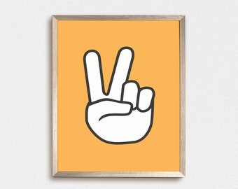 Peace sign Print, Boys room wall Art, Yellow Mustard Ochre, Hand Sign Printable, Cool Rad Prints for Kids