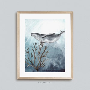 Whale Ocean Print, Underwater Art Print, Watercolor illustration, Digital Printable, Kids Room Art
