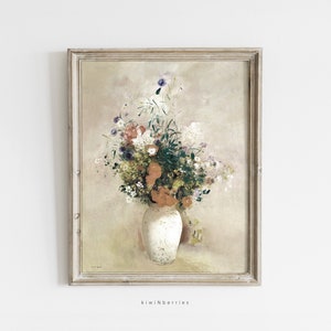 Vintage Flower Vase Print, Colores neutros, Decoración de casa de campo, Galería de arte mural, Digital imprimible, Póster de ramo de flores, Pintura floral
