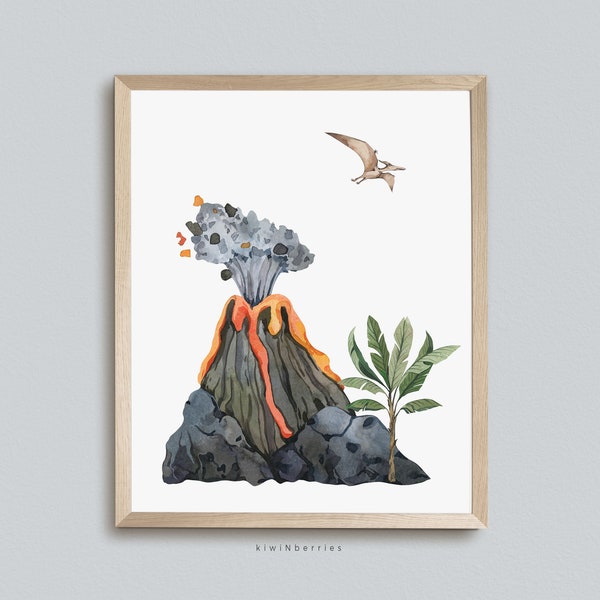 Volcano Print, Jurassic Wall Art, Boys Room Art, Printable Digital, Volcano Poster