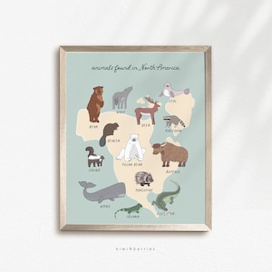 Tiere Nordamerikas Print, Kontinent Druckbare Kunst, Klassenzimmer Geographie, Landkarte Lernen, druckbar digital, Wolf Bär Büffel Biber
