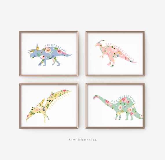 Floral Dinosaur Art Prints: Girls Room Decor (Printable Set)