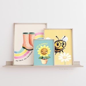 Juego de 3 divertidos imprimibles para habitación de niña, impresiones de arte de pared, inspiración en la naturaleza, arte edificante, verde azulado y amarillo, Keep Blooming, estética pastel