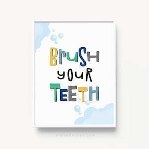 Cepíllese los dientes, Decoración de la pared del baño para niños, Impresiones de baño para niños, Arte de baño imprimible, Póster para niños, Arte de pared para niños