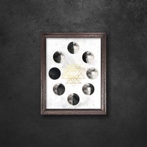 Moon phases print Lunar phases wall posters Monochrome moon art prints Digital moon prints Sacred geometry gold Printable gift image 4