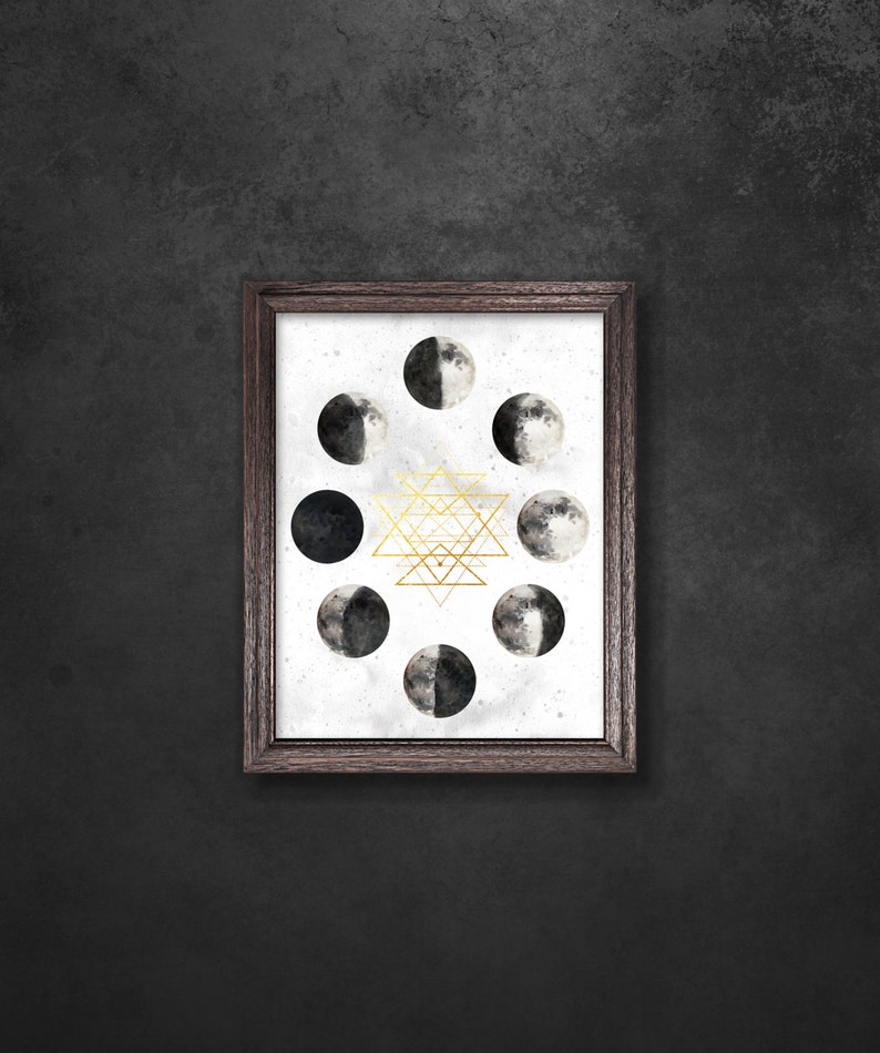 Moon phases print Lunar phases wall posters Monochrome moon art prints Digital moon prints Sacred geometry gold Printable gift image 4