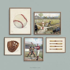 Arte de pared de béisbol, decoración de habitación deportiva, arte de pared de cueva de hombre, póster retro, decoración de guardería de béisbol, impresiones deportivas antiguas, ilustración clásica
