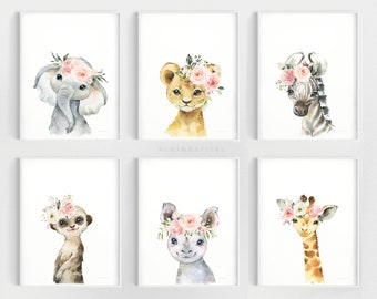 Baby Animal Prints: 6er Set rosa Rose Kinderzimmer Dekor (Digitaler Download)