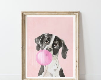 English Pointer Print Digital, Printable Girls room, Fun Colorful Art, Dog with a bubblegum, black white pink, Playroom Decorations