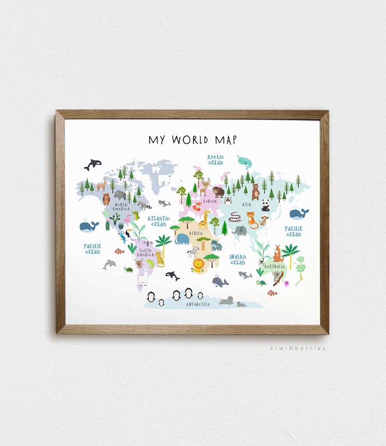 World map print for kids, Animal World map print, Nursery kids decor, Children art print, Playroom art, World map illustration, Educational image 1