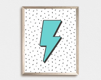 Lightning Bolt Print, Aqua Blue turquoise, Polka dots, Thunder Printable Art, Boys room Wall Art, Printable Digital