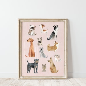 Print roze hondenkaart, afdrukbare hondenrassen, digitaal kinderkunstwerk, afdruk van schattige puppy's, kunst aan de muur babymeisje