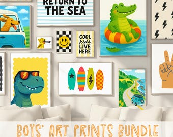 Boys Room Wall Art Set of 19 – Adventure & Surf Printable Wall Decor, Digital Download