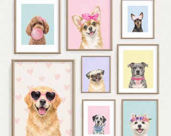 May include: A collection of framed dog portraits. The dogs are depicted in various styles, wearing accessories like sunglasses, bows, and floral crowns. The color palette includes pink, blue, and yellow backgrounds, with the artist's signature in the bottom center.