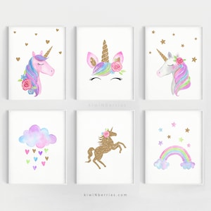 May include: Set of six printable unicorn nursery art prints. The prints feature a rainbow unicorn, a gold glitter unicorn, a unicorn with a flower crown, a unicorn with stars, a cloud with hearts, and a rainbow with clouds.