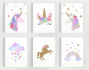 Unicorn wall art set, Printable unicorn art, Girls room decor, Unicorn gold glitter, Unicorn prints, Pink blush lilac gold, cloud rainbow