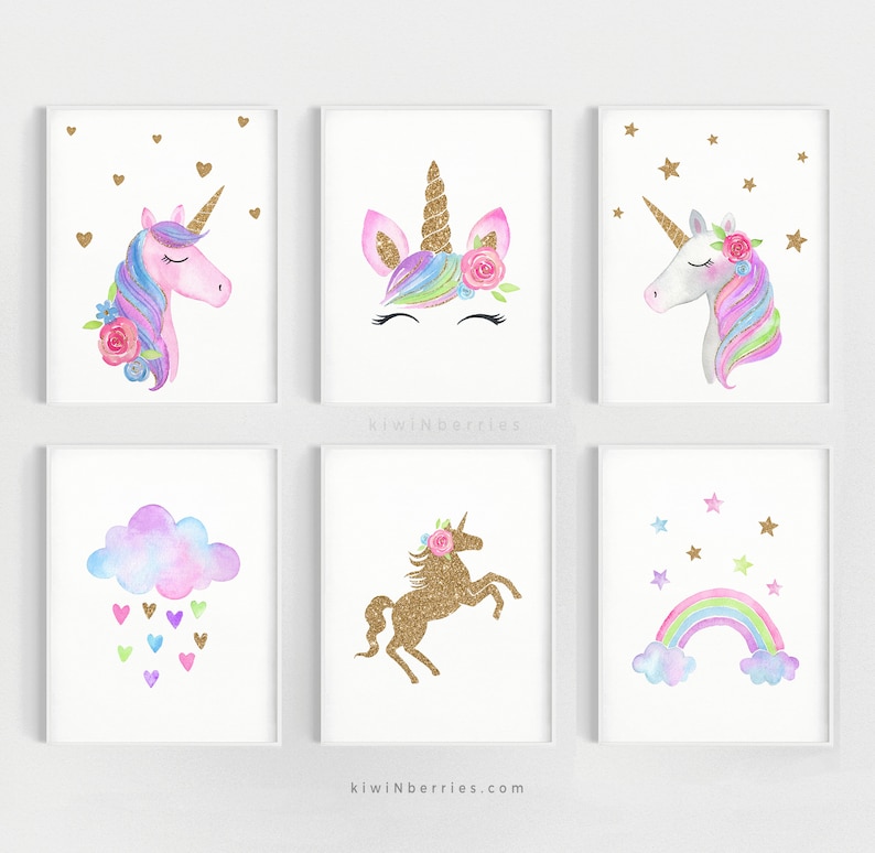 Unicorn wall art set Printable unicorn art Girls room decor image 0