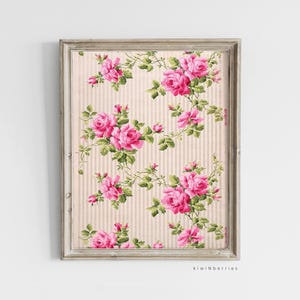 Tapeta w kwiaty w stylu vintage - antyczna sztuka róży, rustykalny wystrój ścienny w stylu shabby, romantyczna estetyka cottagecore, wydruk francuskiego domu wiejskiego