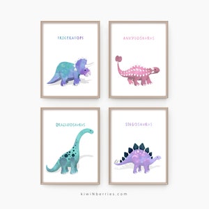 May include: Four printable dinosaur illustrations with watercolor-like textures. Each illustration features a different dinosaur: Triceratops, Ankylosaurus, Brachiosaurus, and Stegosaurus. The dinosaurs are in various shades of blue, purple, and pink.