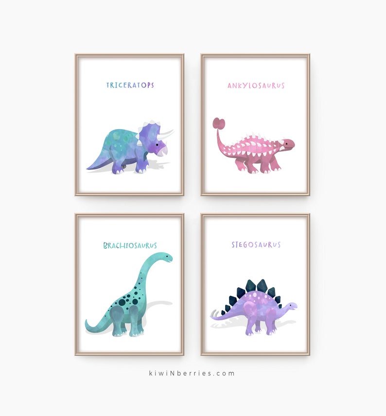 May include: Four printable dinosaur illustrations with watercolor-like textures. Each illustration features a different dinosaur: Triceratops, Ankylosaurus, Brachiosaurus, and Stegosaurus. The dinosaurs are in various shades of blue, purple, and pink.