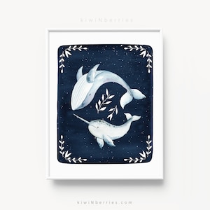 Celestial art print, Night sky oceanic wall art, Printable wall art, Whales and leaves, Botanical prints, Celestial dreamy print, Whale art