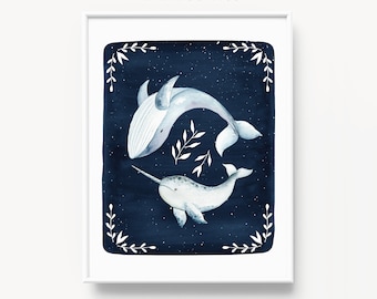 Celestial art print, Night sky oceanic wall art, Printable wall art, Whales and leaves, Botanical prints, Celestial dreamy print, Whale art