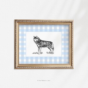 Husky Poster, Baby Blue print, Nursery Gallery Wall, Gingham Blue, Checkered, Dog Puppy Perro, Vintage Farmhouse, Old Illustration, Sketch