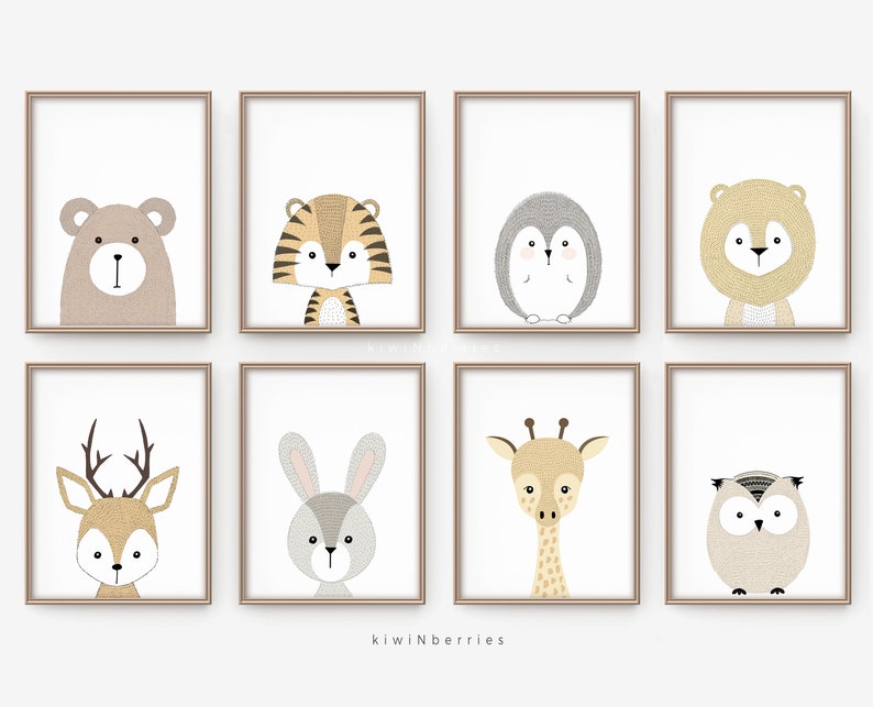 Neutral nursery decor Cute nursery wall art Nursery art set Baby boy nursery art Printable nursery art Set of 8 animal posters image 2