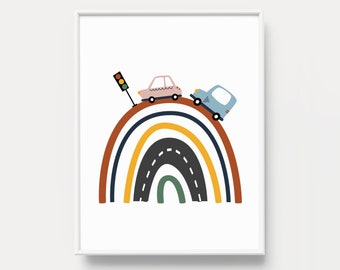 Rainbow Car Print: Neutral Transportation Art, Boys Room Decor (Digital Download)