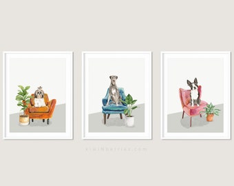 Wandbild Kunstdrucke, Hunde sitzend auf Sofas, Druckbare Wandkunst, Hundeposter, Gallery Wall Printable Art, 3er Set