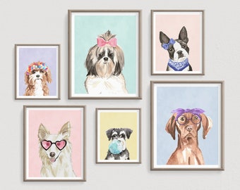 Dog Portrait Prints, Set of 6 Different Dogs, Printable Dog Illustration, Dogs with Accessories, Fun Funny Dog Posters, Puppy Colorful