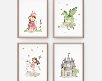 Princess & Dragon Nursery Art Prints: Girl Room Decor (Digital Download)