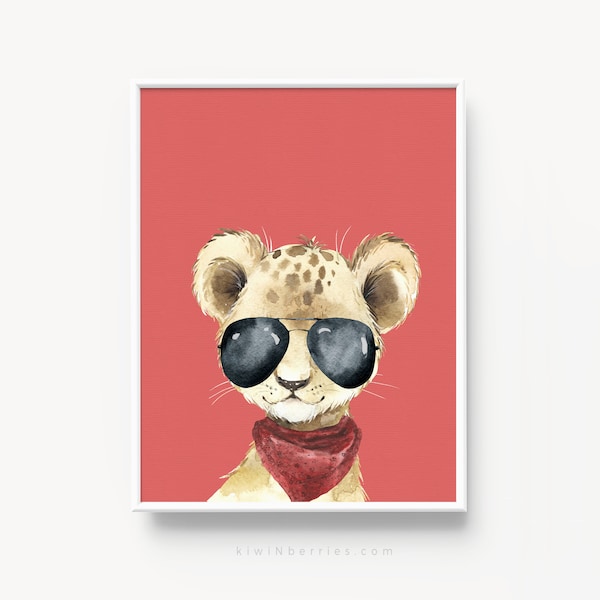 Hipster Lion print, Hipster animal prints, Cool animals wall art,Toddler boy room decor,Animal printables,Fun printables for kids, RED print