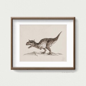 May include: A framed print of a black and white illustration of a dinosaur. The dinosaur is depicted in a running pose with its mouth open. The print is set against a beige background.