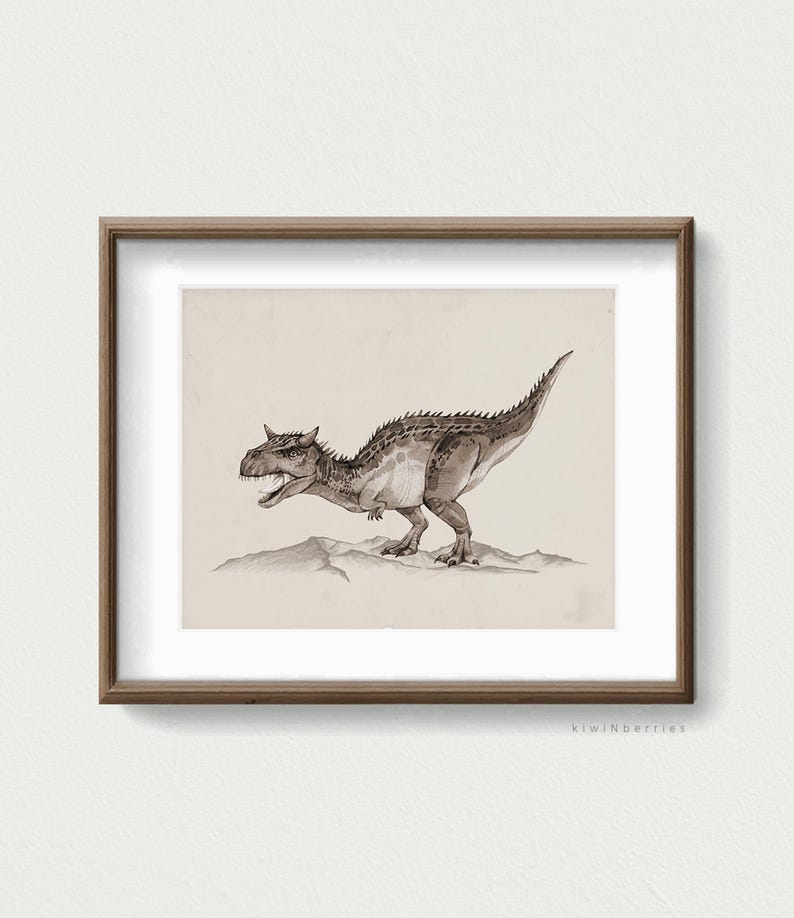 May include: A framed print of a black and white illustration of a dinosaur. The dinosaur is depicted in a running pose with its mouth open. The print is set against a beige background.