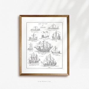 Ancienne impression de cartes de navires, Types de navires, Esquisse d’art, Décor nautique, Affiche rustique vintage, Marine maritime, Carte de bateau imprimable, Maison de plage