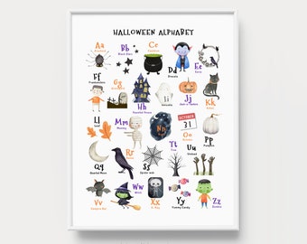 Halloween decorations, Homeschool Halloween prints, Printable Halloween alphabet, Spooky wall art for kids,Homeschool learning classroom ABC